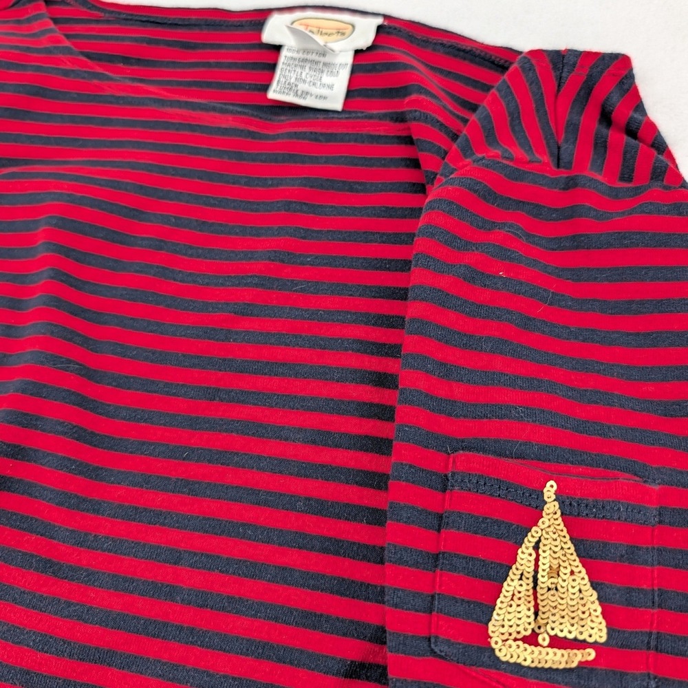 Nautical Striped Nantucket Top Red Navy Sequin Sailboat 3/4 Sleeve Size S